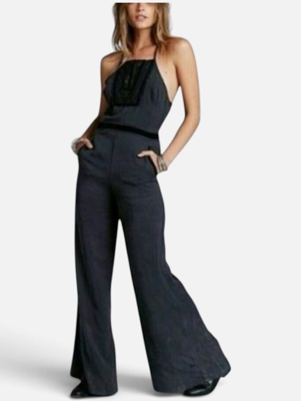 Free People Tuxedo Wide Leg Jumpsuit in Black